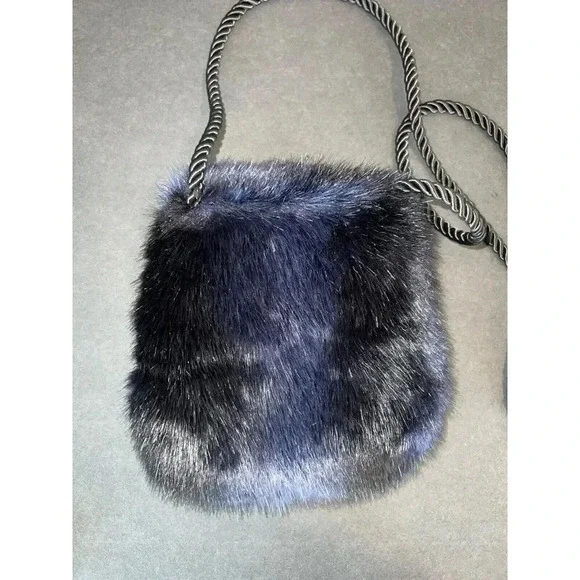 Vintage Christine Clarke faux fur mink purse crossbody satchel bag blue artsy - Picture 7 of 11